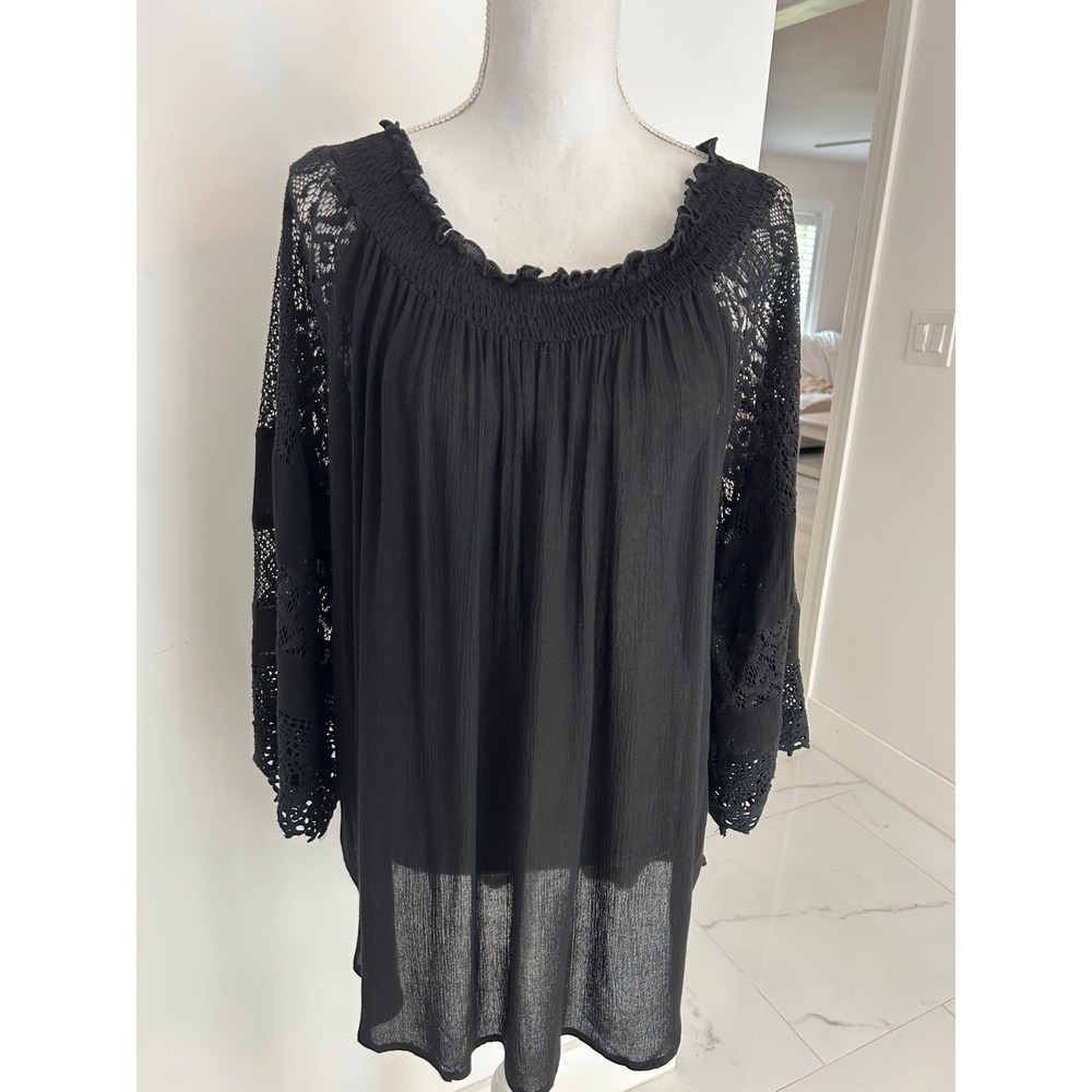 Studio West Peasant Black‎ Smocked Neck Crochet Lace Sleeve Blouse Plus Size 1X